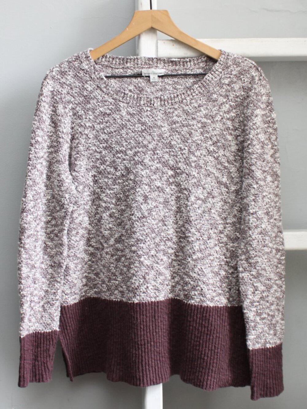 LL Bean Cotton Linen Blend Colorblock Plum Knit Pullover Sweater Size Medium